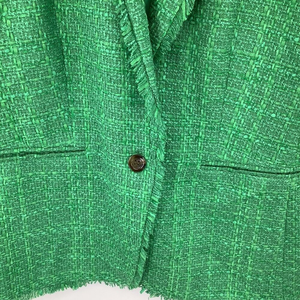 Ann Taylor Women's Green Tweed Blazer Size 14 Single-Breasted Fringe Trim - Picture 2 of 5